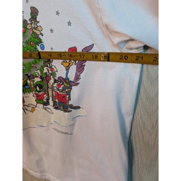Vintage 90s Looney Tunes Christmas Tree T-Shirt Large Bug Bunny Taz Marvin White - Picture 6 of 7